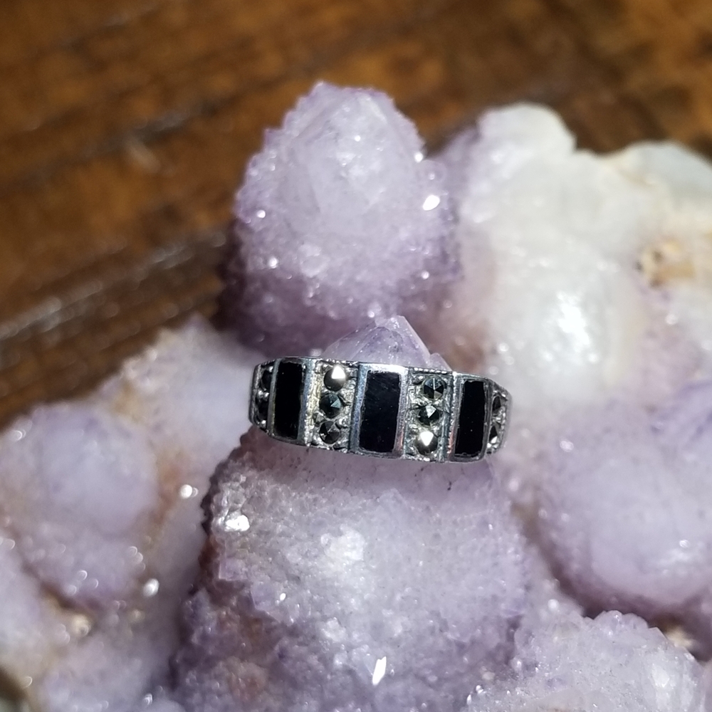 925 Sterling Black Onyx & Marcasite Ring